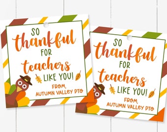 Può includere: Due etichette regalo quadrate con la scritta "So thankful for teachers like you!" in arancione. Ogni etichetta presenta un tacchino dei cartoni animati con un cappello da pellegrino e foglie d'autunno. Le etichette hanno uno sfondo bianco con un bordo a strisce.