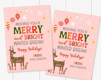 May include: Two pink gift tags with holiday greetings. The tags read "Wishing you a Merry and Bright Winter Break! Happy Holidays!" and feature a reindeer illustration. The tags are 2.5 x 3.5 inches.