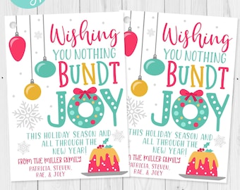 May include: Two white gift tags with the text "Wishing You Nothing Bundt Joy" in red and teal. The tags feature Christmas ornaments and a bundt cake graphic. The text "This Holiday Season and All Through the New Year!" is also included.