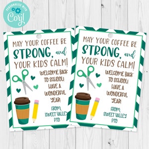Plantilla editable de etiqueta de regalo para café de regreso a clases, regalo para maestros, etiqueta de regalo para maestros de PTO/PTA para el primer día de clases, edita con Corjl
