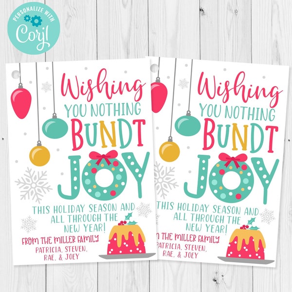 Wishing You Nothing Bundt Joy Christmas Gift Tag Template, Holiday Bundt Cake Gift Tag, Friends Neighbors Tag, Edit with Corjl