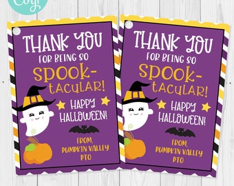 May include: Two Halloween-themed gift tags with purple backgrounds and the text "THANK YOU FOR BEING SO SPOOK-TACULAR!" A ghost, pumpkin, and bat graphic are included. The tags are bordered with black, yellow, and white stripes.
