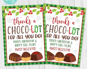 May include: Two gift tags with a green and red plaid border, featuring the text "thanks a CHOCO-LOT" and "Merry Christmas & Happy New Year!" with illustrations of chocolates. The tags are designed for personalization.