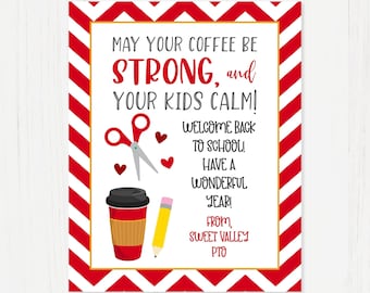 Back To School Coffee Sign Editable Template, Red Chevron First Day of School PTO PTA Teacher 8x10 Sign, Edit with Corjl