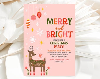 May include: A pink Christmas party invitation card featuring a brown deer with floral patterns, hanging ornaments, and white snowflakes. The text reads: MERRY and BRIGHT, JOIN US FOR A CHRISTMAS PARTY, HOSTED BY MILLY AND JACOB, SATURDAY, DECEMBER 18TH AT 7 PM, 972 WINTERGREEN AVENUE, SEATTLE, WASHINGTON, RSVP TO MILLY BY 12/10, 555.222.5511.