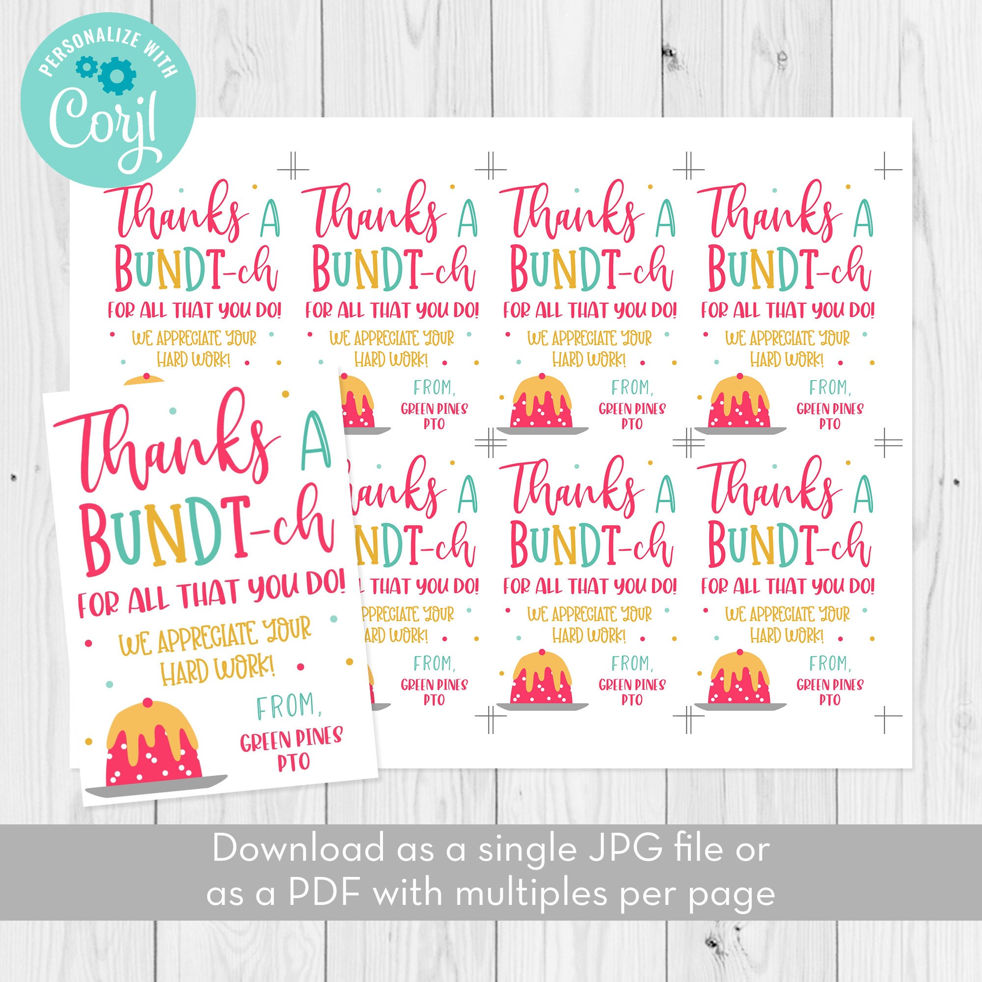 Thanks A Bundtch Gift Tag Template Bundt Cake Teacher Etsy