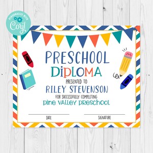 Editable Preschool Diploma Template, Pre-School Completion Certificate, Preschool Graduation Certificate Template, Edit with Corjl