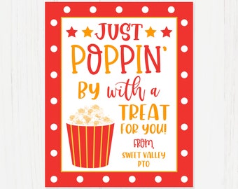 Just Poppin' By Popcorn Sign Template, Movie Night Teacher Appreciation Gift Tag, Personeel, Vrijwilliger, Verpleegkundige 8x10 Bedankt, Bewerken met Corjl
