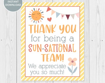 Sun Staff Appreciation 8x10 Printable Sign, Thank You For Being A Sun-Sational Team, Teacher Appreciation, Volunteer, Nurse INSTANT DOWNLOAD