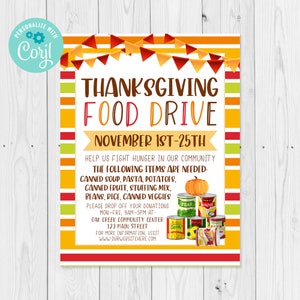 Editable Thanksgiving Food Drive Flyer Template, Fall Food Drive Sign Template for School PTO PTA, Church, Community, Edit with Corjl