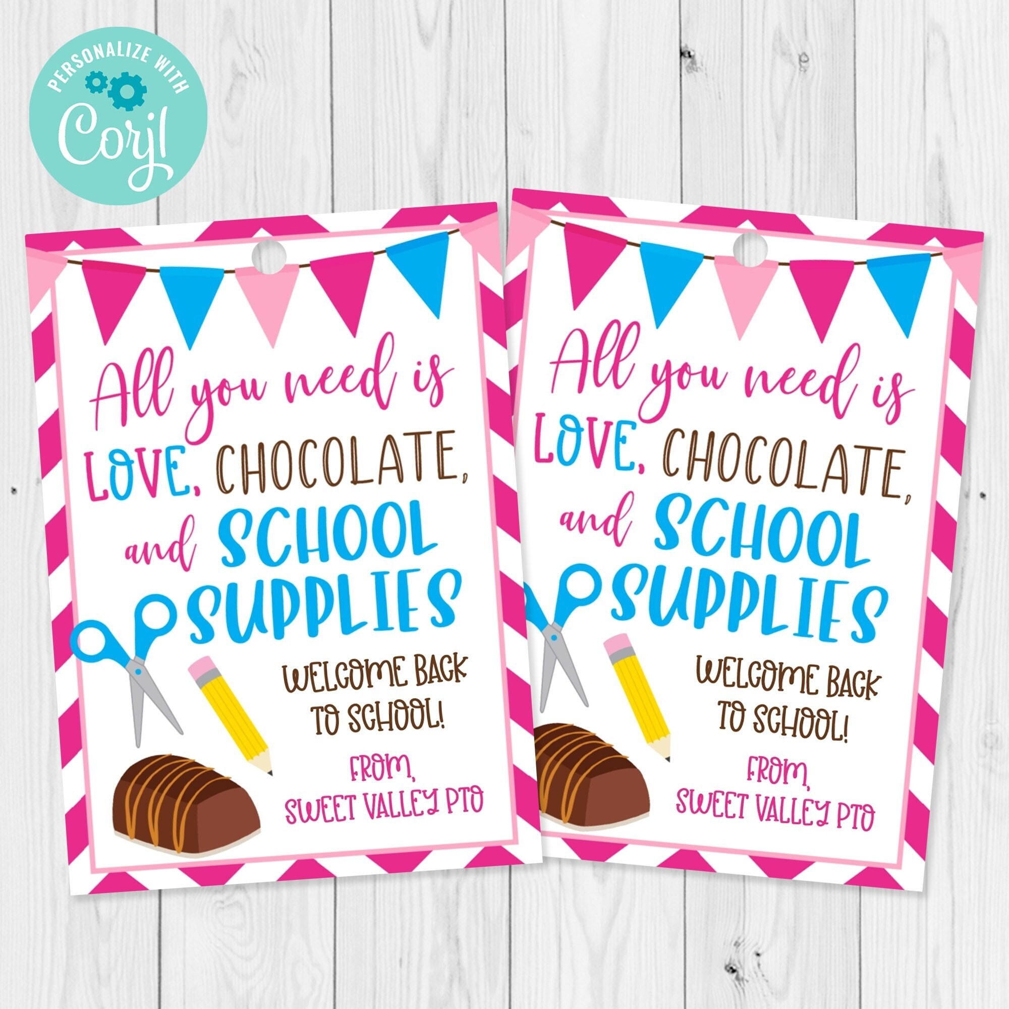 Back To School School Supplies Gift Tag Editable Template, Chocolate First Day of School PTO PTA Teacher Gift Tag, Edit with Corjl