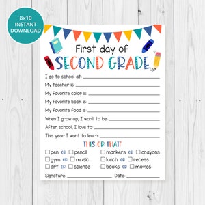 First Day of Second Grade 8x10 Printable, Kids First Day of 2nd Grade, School Activity Sheet, INSTANT DOWNLOAD