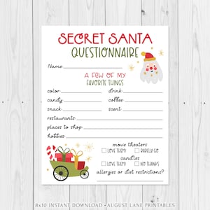 Secret Santa Questionnaire Printable, 8x10 Christmas Holiday Gift Exchange Form Wish List ...