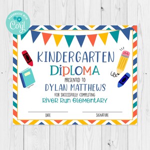 Editable Kindergarten Diploma Template, Kindergarten Completion Certificate, Kinder Graduation Certificate Template, Edit with Corjl