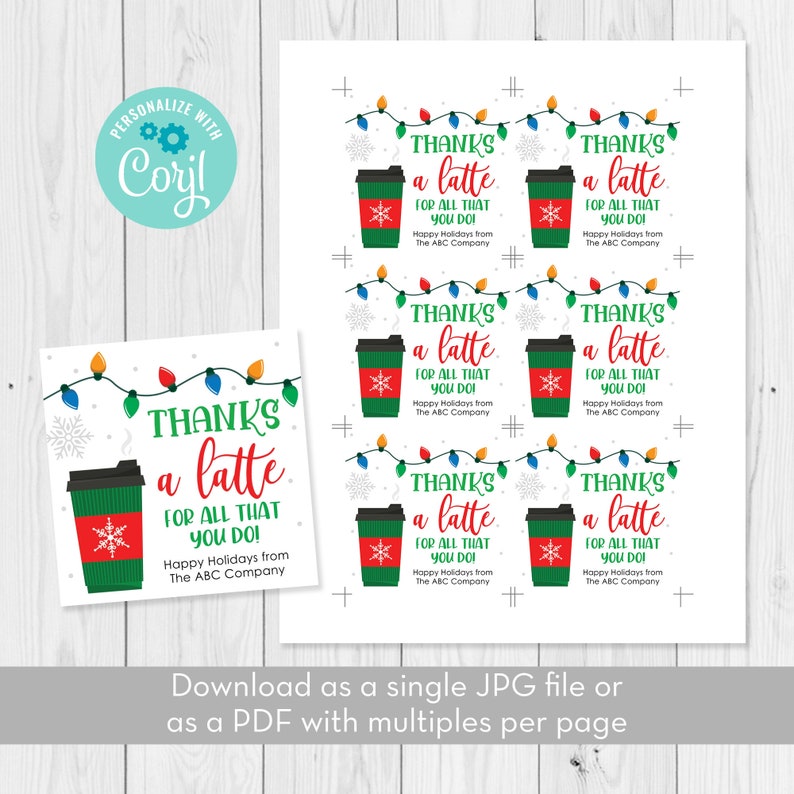 Thanks A Latte Christmas Gift Tag Editable Template, Coffee Teacher PTO ...