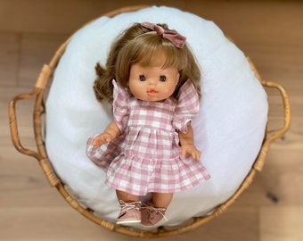 Vêtements pour poupée Minikane, robe vichy pour poupée Paola Reina Gordis 34 cm, vêtements pour poupée Minikane 34 cm, robe pour poupée Miniland 38 cm rose poudré