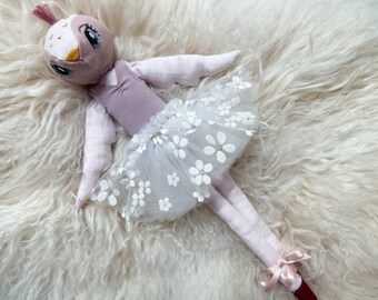 Pink Linen Doll, Hand Embroidered Bird Plush Toy, Girls Handmade Ballerina Doll, Pastel Linen Fabric, Heirloom Doll, Stuffed Toy