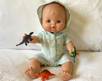 Hooded Boy Doll Romper, Vintage Mint Green Outfit for 34cm Paola Reina & Minikane 34cm, Neutral Boy Doll Overalls, Minikane Doll Clothes