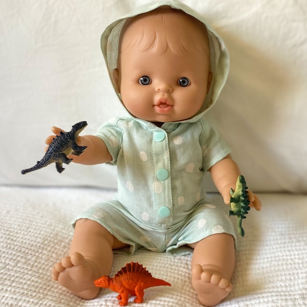 Hooded Boy Doll Romper, Vintage Mint Green Outfit for 34cm Paola Reina & Minikane 34cm, Neutral Boy Doll Overalls, Minikane Doll Clothes