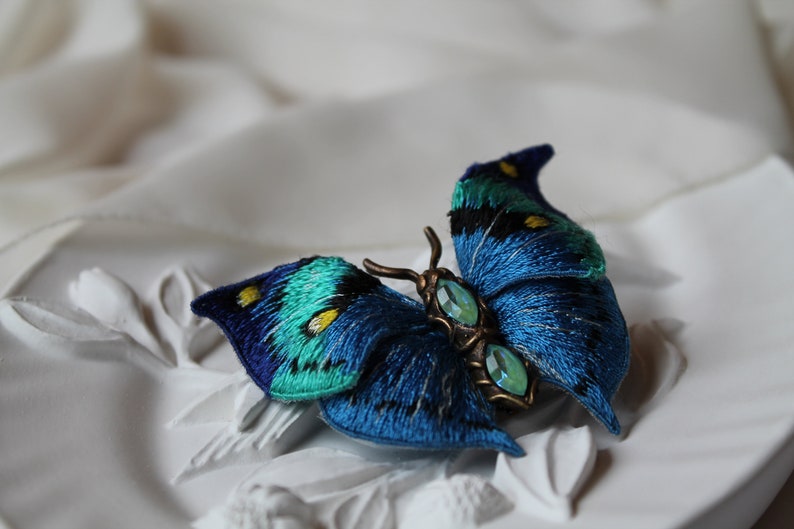 vintage butterfly realistic embroidery blue butterfly brooch embroidered butterfly vintage style brooch