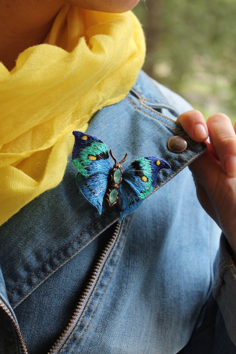 vintage butterfly realistic embroidery blue butterfly brooch embroidered butterfly vintage style brooch