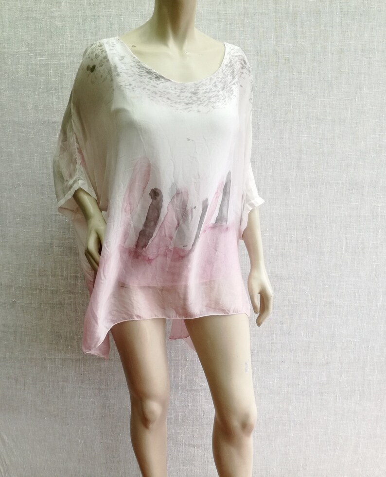 Womens pastel colored one size silk boho blouse with lining pinkwhite