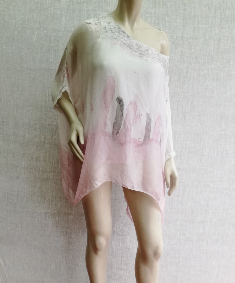 Womens pastel colored one size silk boho blouse with lining pinkwhite