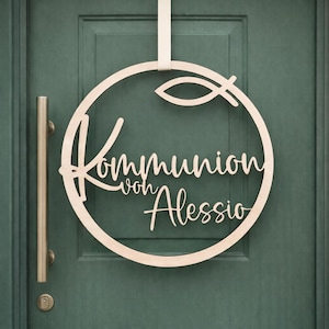 Holzring Kommunion Fisch personalisiert | Türkranz mit Name | christliche Deko | Ichthys Symbol | Türdeko Kommunion | individuell graviert