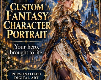 May include: A digital art portrait featuring an elf character in ornate blue, white, and gold armor standing before a castle. Text reads: Custom Fantasy Character Portrait, Your hero, brought to life, and Personalized Digital Art.