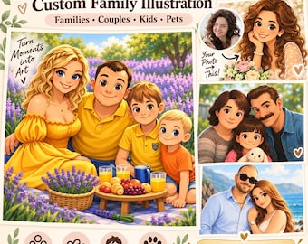 May include: A digital art service advertisement featuring a cartoon family portrait in a lavender field. Text includes "YOUR PHOTO -> CARTOON PORTRAIT", "Custom Family Illustration", "Families, Couples, Kids, Pets", "Turn Moments into Art", and "ANY CUSTOM IDEA".