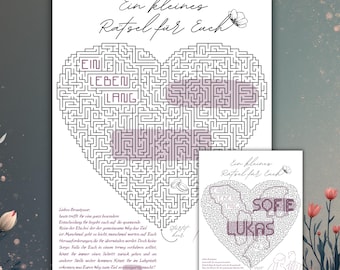 Personalisierte Hochzeitskarte Rätsel | Herz-Labyrinth mit Brautpaar Namen | Kreatives Hochzeitsgeschenk zum Download | Symbol Liebe Poster