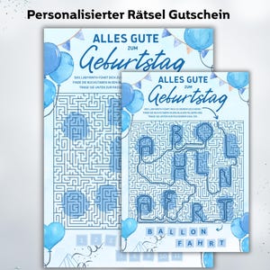 May include: Two blue maze puzzle birthday cards with the text "Alles Gute zum Geburtstag" and "Ballon Fahrt". The puzzles have blue balloons and a banner design.