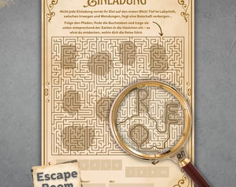 Einladung Escape Room | Rätsel Gutschein zum Geburtstag | Labyrinth PDF Sofort-Download zum Ausdrucken Kreative Karte Rätselspiel Voucher
