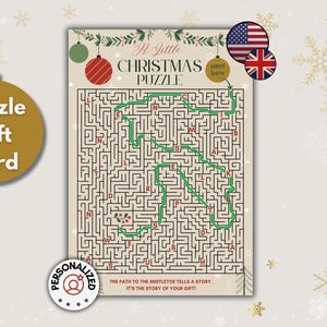 Könnte beinhalten: Eine weihnachtliche Puzzle-Geschenkkarte mit einem Labyrinth-Design. Die Karte zeigt den Text "A Little Christmas Puzzle" und "Der Weg zur Mistel erzählt eine Geschichte. Es ist die Geschichte Ihres Geschenks!" Enthält einen grünen Pfad.
