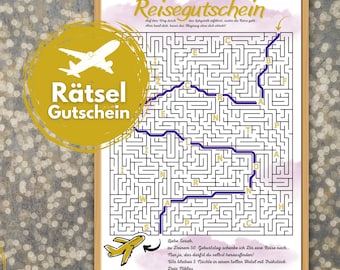 Personalisierter Rätsel Reisegutschein für Flugreisen | Labyrinth Karte | Gutschein als PDF Download | Geschenkidee, Urlaub, Städtereise