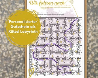 Personalisierter Rätsel Reisegutschein zum Ausdrucken | Labyrinth | Gutschein als PDF Download | Geschenkidee Urlaub, Kurztrip, Städtereise