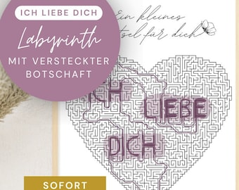 Herz Labyrinth mit versteckter Botschaft ICH LIEBE DICH * Liebes-Rätsel * Jahrestag Geschenk * Karte * Sofort Download zum Ausdrucken