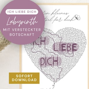 Labyrinthe coeur avec message caché JE T'AIME * Puzzle d'amour * Cadeau anniversaire * Carte * Téléchargement instantané à imprimer