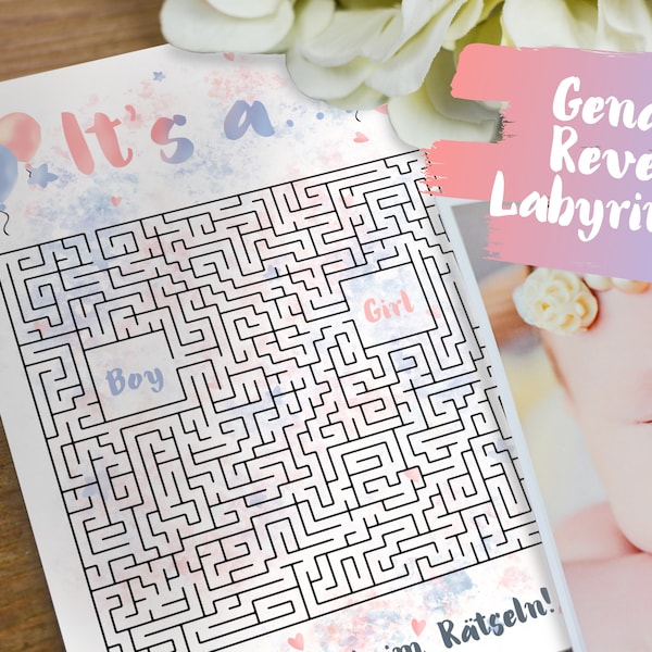Gender Reveal Rätsel Labyrinth Spiel Puzzle ** Mädchen oder Junge ** Baby Geschlecht verkünden ** Karte zur Geburt ** Download Ausdrucken