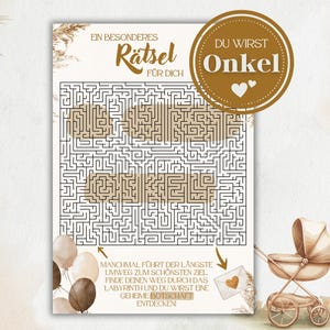Puede incluir: Tarjeta de anuncio de bebé beige y marrón con un diseño de laberinto. La tarjeta presenta texto en alemán, incluyendo "Serás tío". Un cochecito y globos están ilustrados.
