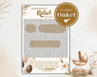 Schwangerschaft verkünden „Du wirst Onkel“ | Rätsel Labyrinth Karte | Boho Stil | Baby Reveal Party | Download Datei | kreative Druckvorlage