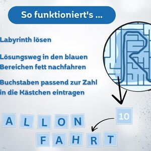 May include: An image with text and a magnifying glass over a maze. The text reads "So funktioniert's..." and instructions in German. Below are lettered tiles spelling "BALLON FAHRT" and a number 10.