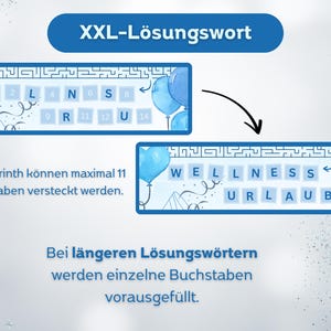 May include: A blue and white puzzle game with the text "XXL-L&ouml;sungswort" at the top. The game features two rectangular boards with lettered tiles and blue balloon illustrations. The text "WELLNESS URLAUB" is visible.