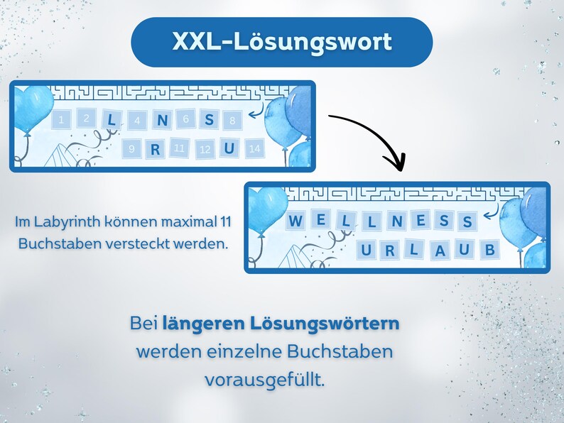 May include: A blue and white puzzle game with the text "XXL-L&ouml;sungswort" at the top. The game features two rectangular boards with lettered tiles and blue balloon illustrations. The text "WELLNESS URLAUB" is visible.