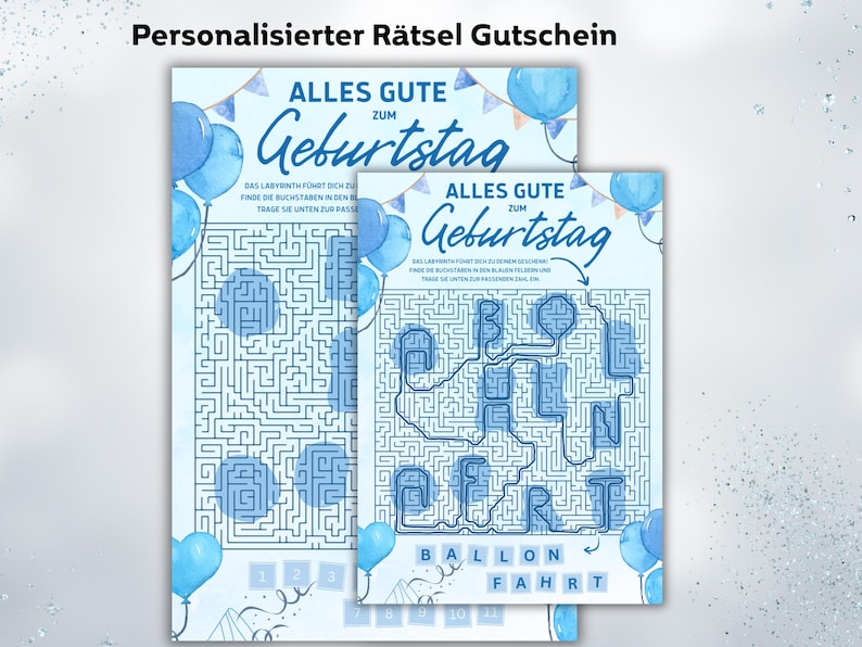 May include: Two blue maze puzzle birthday cards with the text "Alles Gute zum Geburtstag" and "Ballon Fahrt". The puzzles have blue balloons and a banner design.