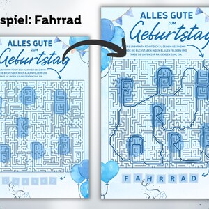 May include: A blue and white birthday-themed maze puzzle with the German text "Alles Gute zum Geburtstag." The puzzle features a maze design with blue balloons and the word "Fahrrad" at the bottom. The image is a watercolor style.