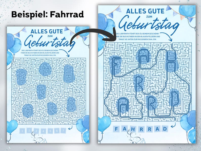 May include: A blue and white birthday-themed maze puzzle with the German text "Alles Gute zum Geburtstag." The puzzle features a maze design with blue balloons and the word "Fahrrad" at the bottom. The image is a watercolor style.