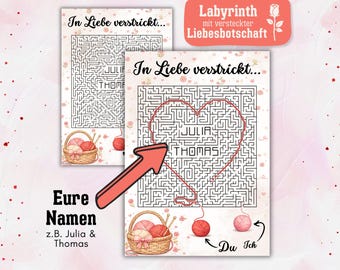 In Liebe verstrickt – Personalisiertes Rätsel Labyrinth mit Herz & Namen | Kreative Liebesbotschaft am Valentinstag | Digital zum Ausdrucken