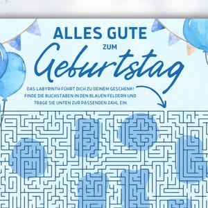 May include: A light blue birthday-themed maze puzzle with the German text "ALLES GUTE ZUM Geburtstag". The puzzle includes blue balloons and a maze with instructions in German. The maze is designed to find letters.