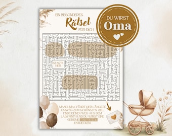 Du wirst Oma - Schwangerschaft verkünden | Rätsel Labyrinth Karte | Boho Design | Baby Reveal Party | Download Datei | kreative Druckvorlage
